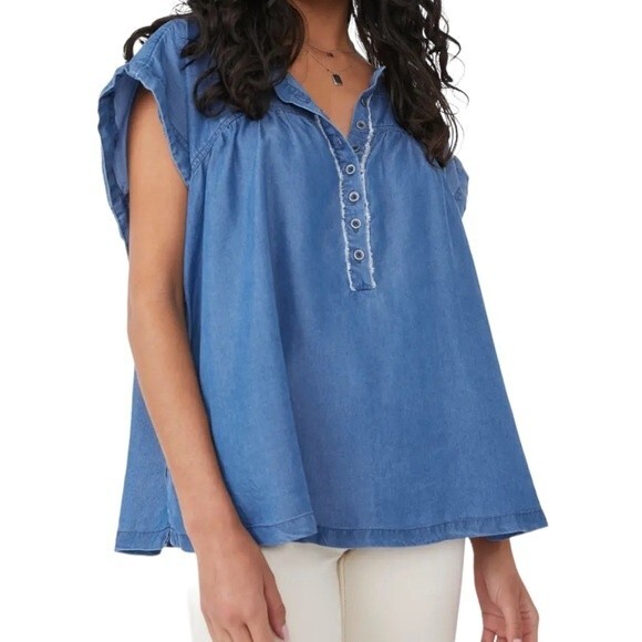 NWT Free People We The Free Summer Love Top Flowy Indigo Blue Tie Sleeve Size XS - Picture 1 of 15